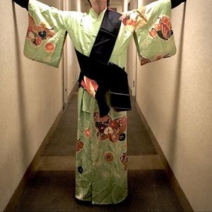 Men’s Silk Print Kimono Long Multi Wrap Obi Green